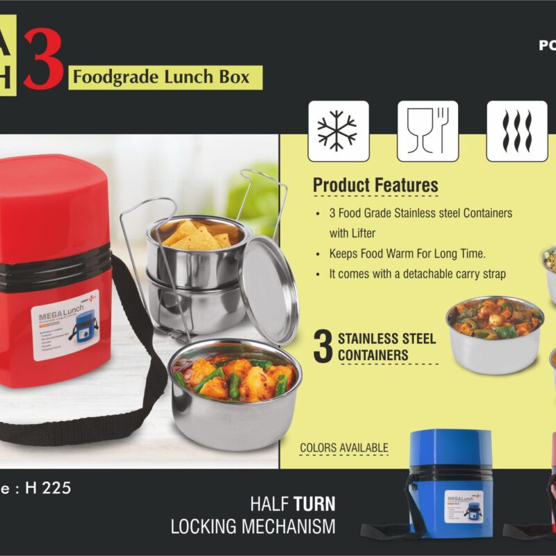 Mega Steel Lunch Box- 3 Stainless steel containers with lifter