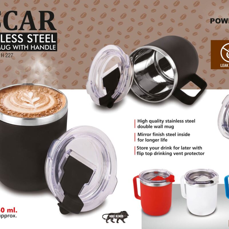 Oscar: Stainless Steel coffee mug with handle | Premium clear cap with flip top lid | Leak Proof | Capacity 350ml approx