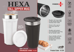 Hexa : Tall sipper mug | 304 grade Stainless steel inside | Capacity 375ml approx