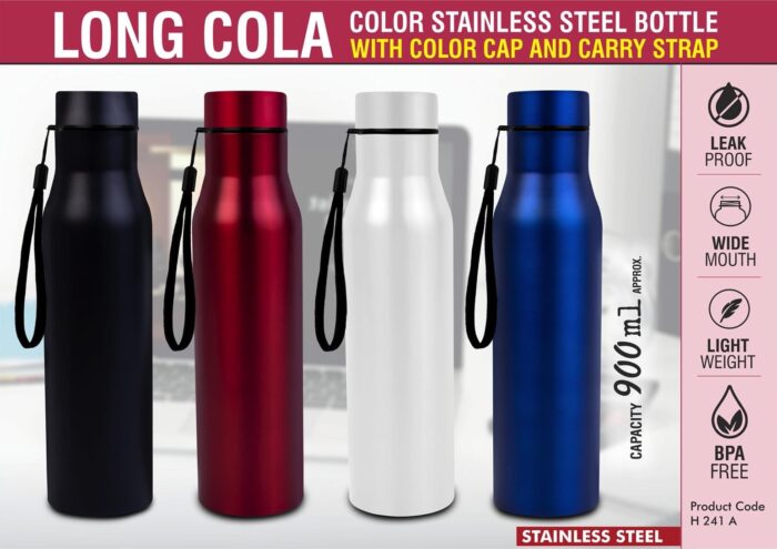 Long Cola Colored Stainless steel bottle | With Colored Cap & Carry strap | Capacity 900ml approx