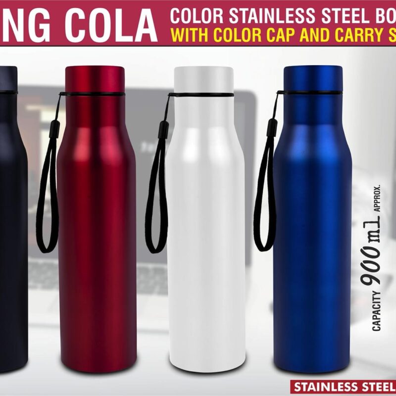 Long Cola Colored Stainless steel bottle | With Colored Cap & Carry strap | Capacity 900ml approx