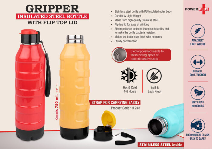 Gripper: Insulated Steel Bottle with Flip top lid | Keeps Hot & Cold for 4-6 Hours | Capacity 750 ml approx
