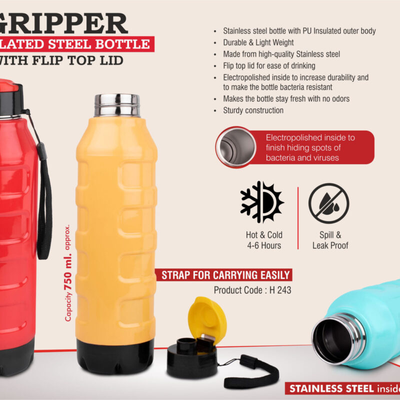 Gripper: Insulated Steel Bottle with Flip top lid | Keeps Hot & Cold for 4-6 Hours | Capacity 750 ml approx