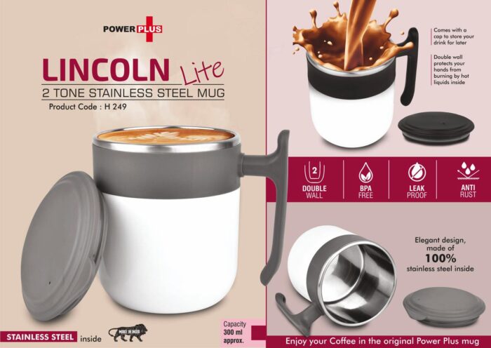 Lincoln Lite: 2 Tone Stainless steel Mug with Lid | Leak proof | BPA Free | Capacity 300 ml approx