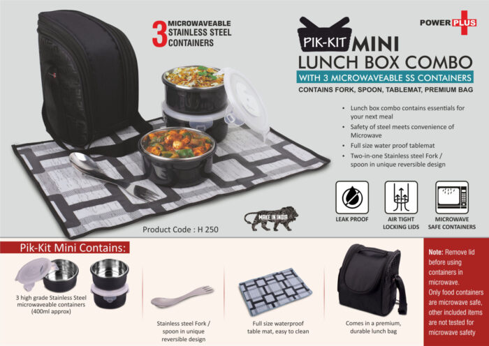 PIK-KIT mini: Lunch box combo with 3 Microwaveable SS containers | Contains Fork, Spoon, Tablemat, Premium Bag