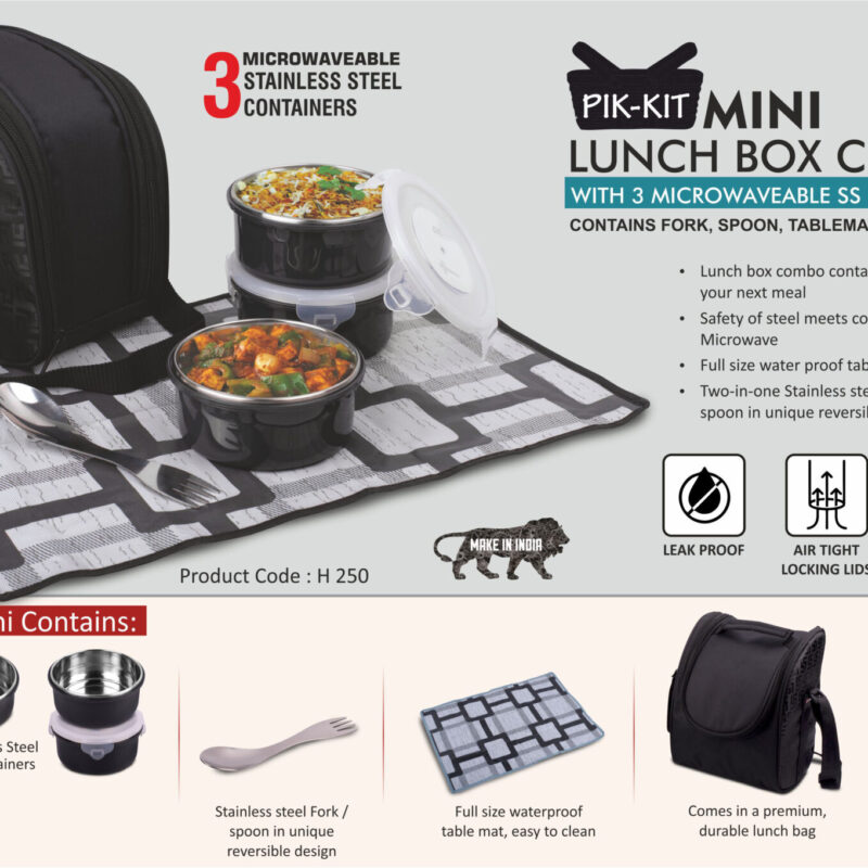 PIK-KIT mini: Lunch box combo with 3 Microwaveable SS containers | Contains Fork, Spoon, Tablemat, Premium Bag