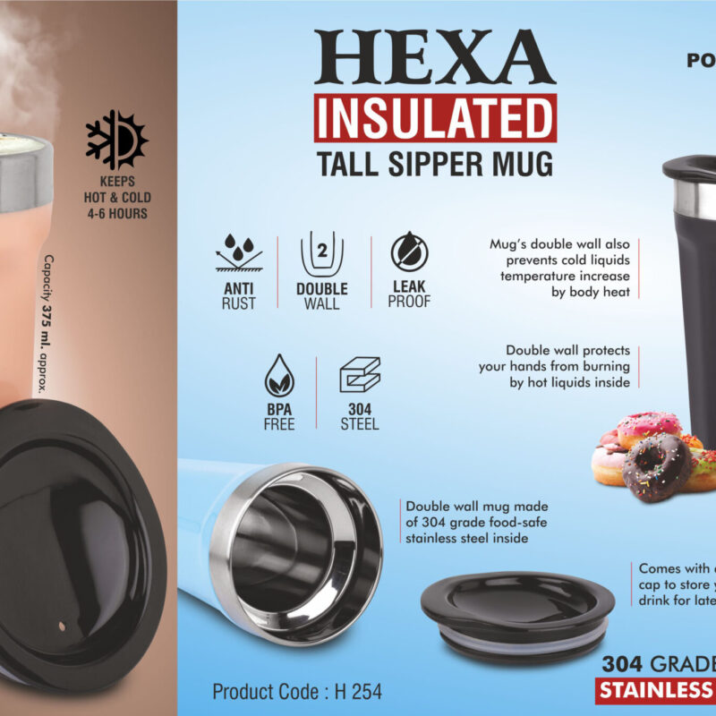 Hexa Insulated : Tall sipper mug | 304 grade Stainless steel inside | Keeps hot up to 4 hours | Capacity 375ml