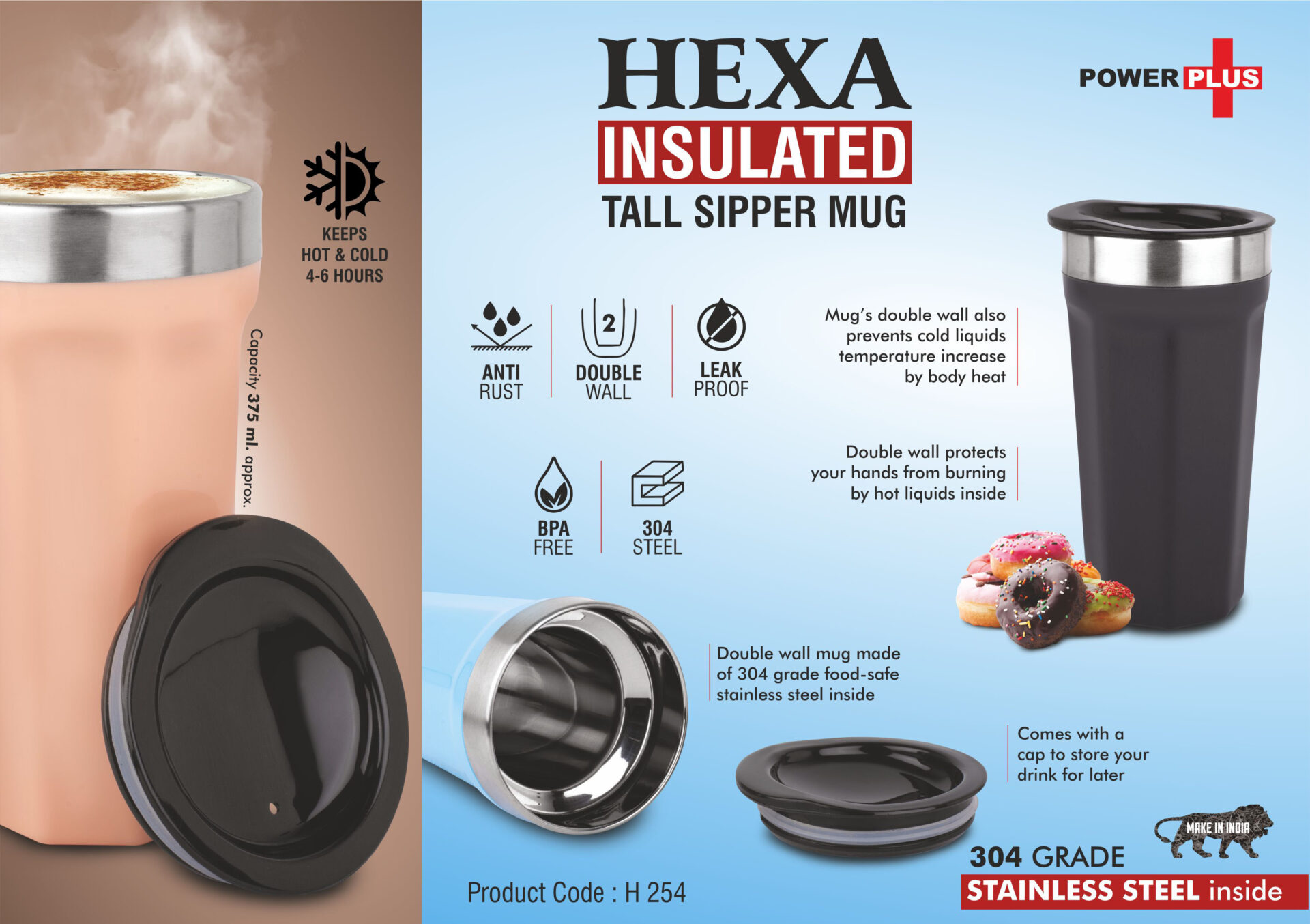 Hexa Insulated : Tall sipper mug | 304 grade Stainless steel inside | Keeps hot up to 4 hours | Capacity 375ml