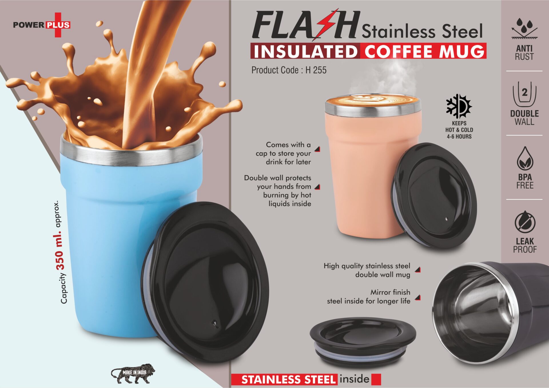 Flash Insulated : Stainless Steel Coffee Mug | Keeps Hot up to 4 hours | Capacity 350ml