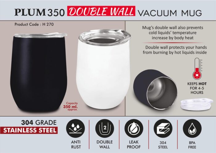 Plum 350: Double wall Vacuum Mug | 304 grade steel | Capacity 350ml Approx