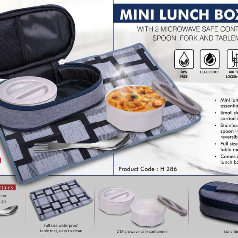 Mini Lunch box bag with 2 Microwave safe containers, Spoon, Fork and Tablemat