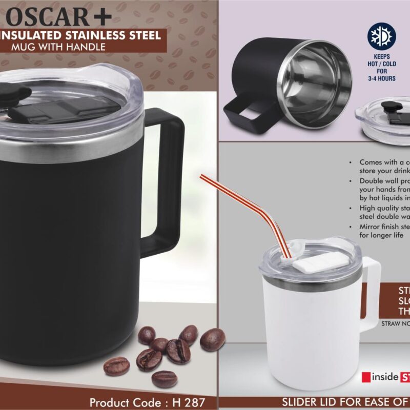 Oscar+: Large Insulated SS coffee mug with handle | Clear cap with Slider Lid | Straw Slot in cap | Capacity 600ml approx