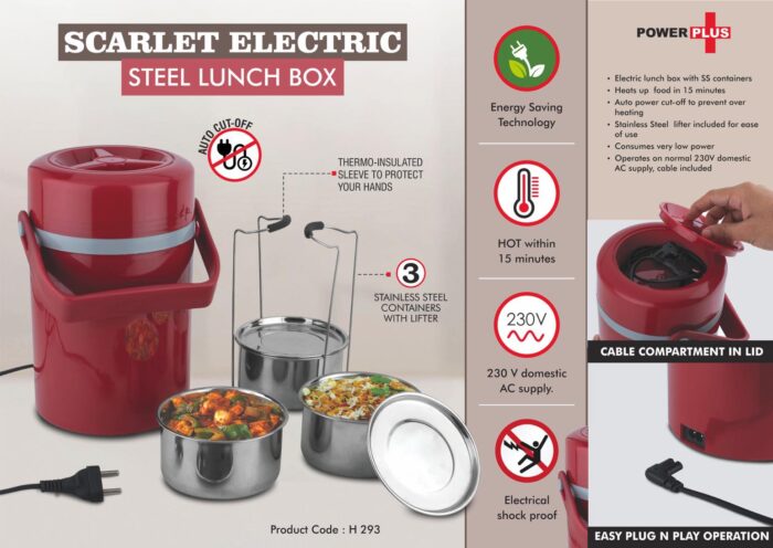 Scarlet Electric Steel Lunch box | 3 SS containers with lifter | Cable compartment in lid