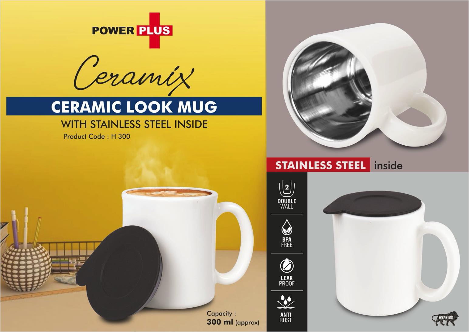 Ceramix: Ceramic Look mug with Stainless Steel inside | Lid included | Capacity 350ml approx