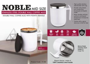 Noble: Mid Size Stainless Steel Double wall Coffee mug with Pointy handle | Leak Proof | Capacity 250ml approx