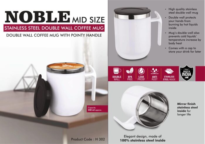 Noble: Mid Size Stainless Steel Double wall Coffee mug with Pointy handle | Leak Proof | Capacity 250ml approx