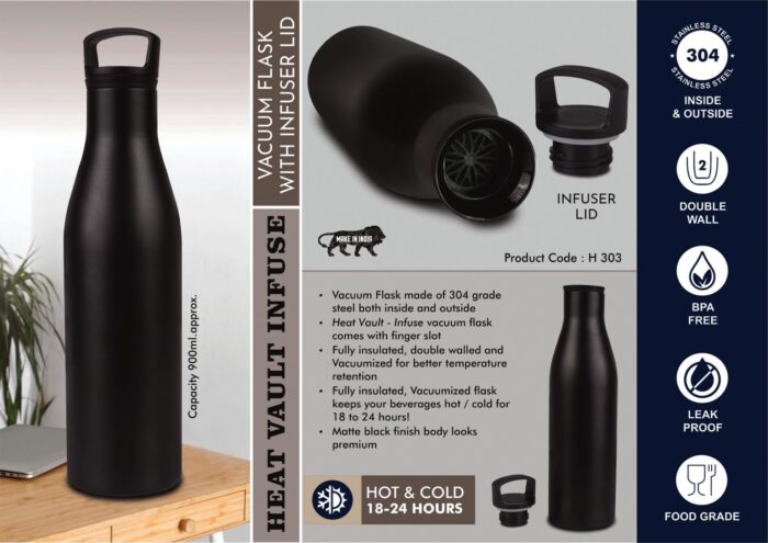 HeatVault Infuse: 900 ml vacuum flask with infuser lid | 304 steel inside & outside | 18 hours hot/cold