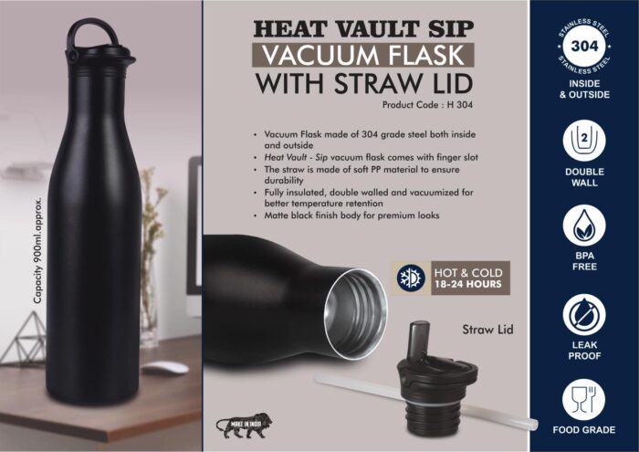 HeatVault Sip: 900 ml vacuum flask with Straw lid | 304 steel inside & outside | 18 hours hot/cold