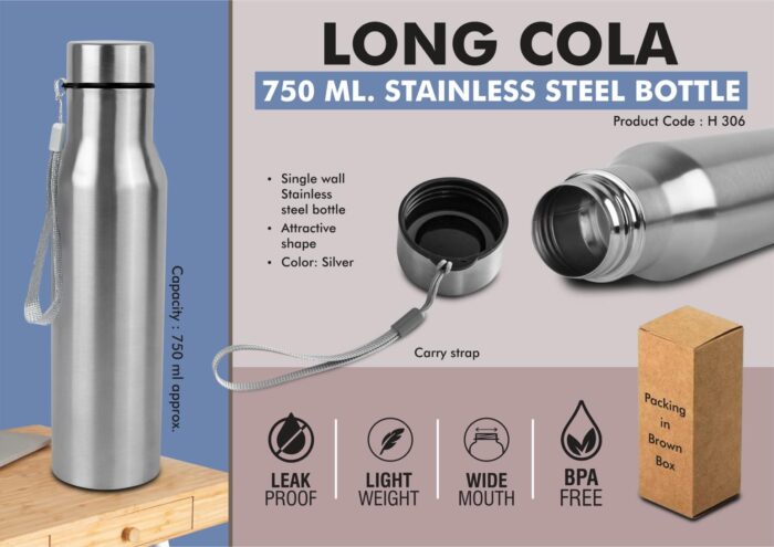 Long Cola 750: Stainless steel bottle | With Carry strap | Capacity 750ml approx