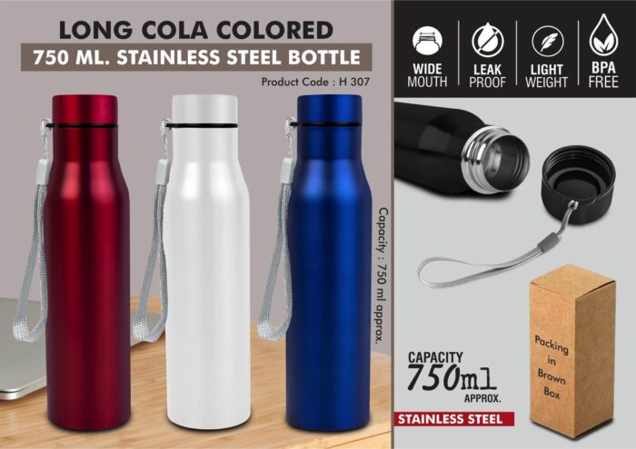 Long Cola 750 Colored: Stainless steel bottle | With Colored Cap and Carry strap | Capacity 750ml approx