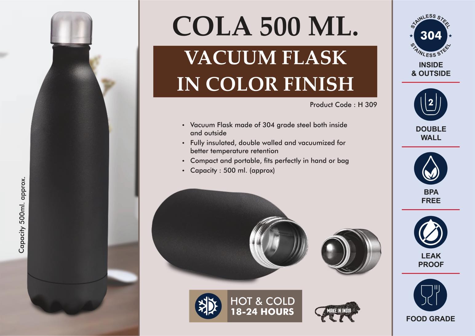 Cola 500 ml Vacuum flask in Color Finish | 304 steel inside & outside | 18 hours hot/cold