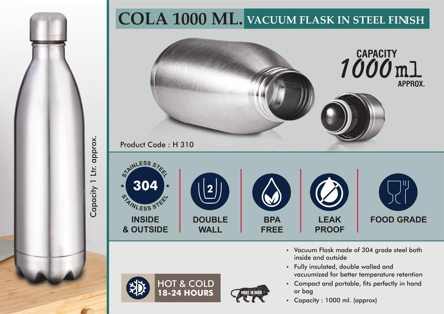Cola 1000 ml Vacuum flask in Steel Finish | 304 steel inside & outside | 18 hours hot/cold