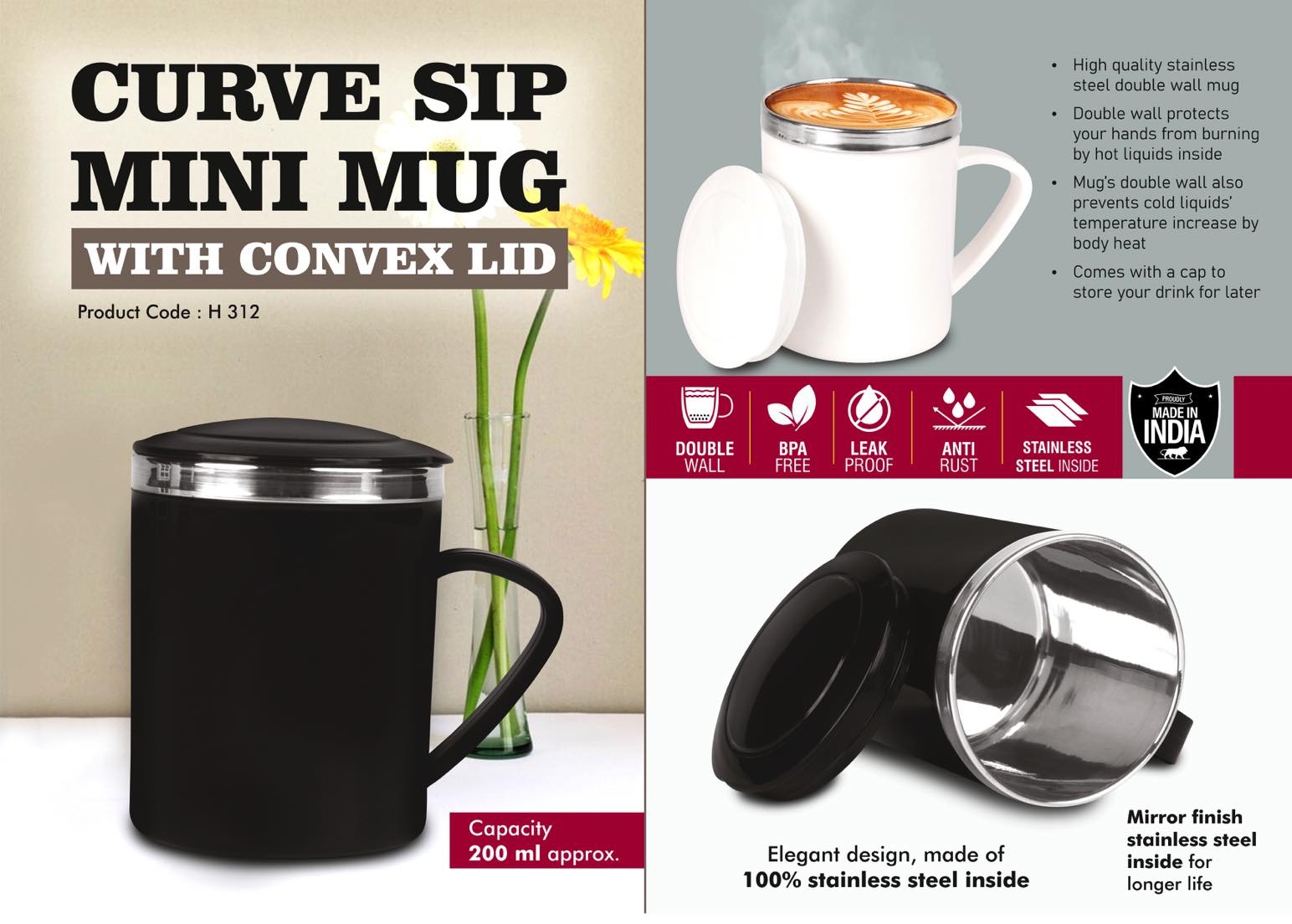 CurveSip Mini Steel mug with Convex Lid | Capacity 200ml Approx