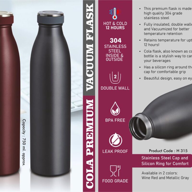 Cola Premium Vacuum Flask | 304 steel inside & outside | Capacity 750ml | 12 hours hot / cold