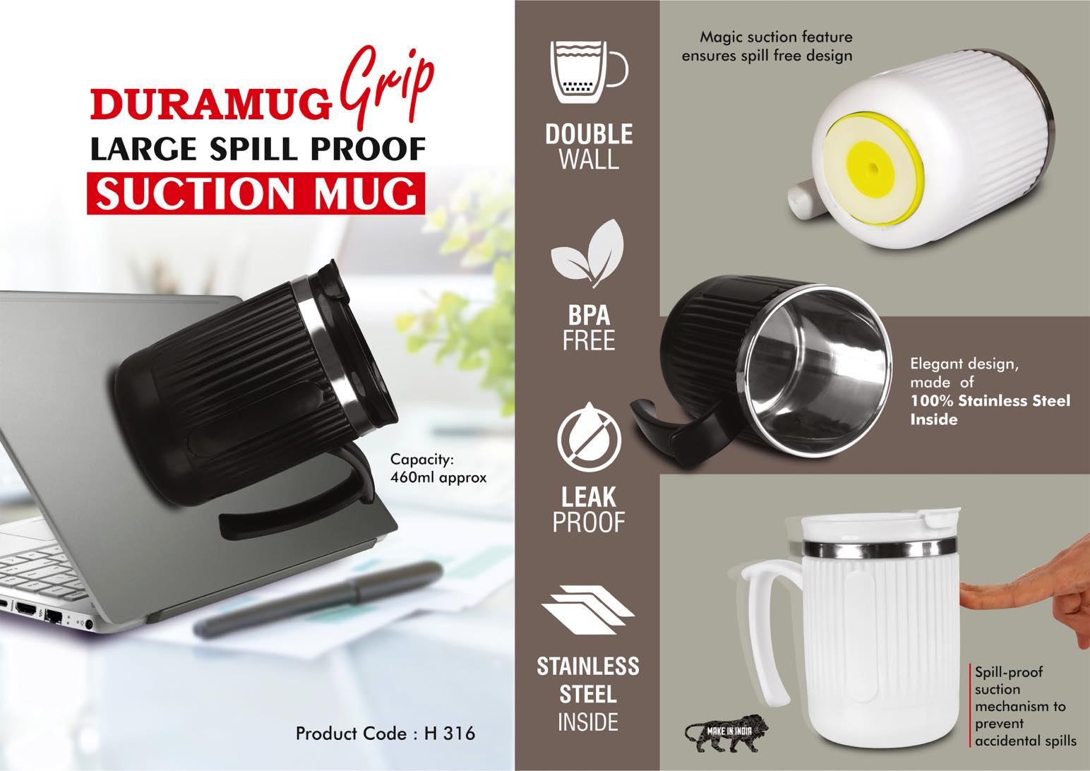 DuraMug Grip: Large Spill Proof Suction mug with Flip Top Lid | Capacity 460ml approx | Stainless steel inside