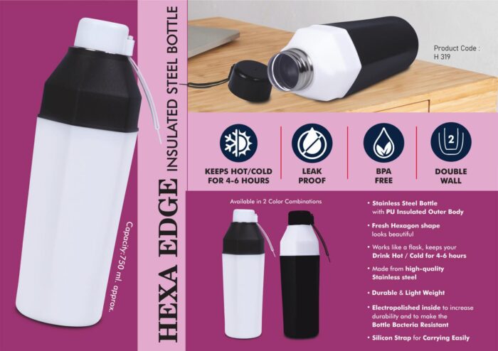 Hexa Edge: Insulated Steel Bottle | Keeps Hot & Cold for 4-6 Hours | Strap for Carrying easily | Capacity 750 ml approx