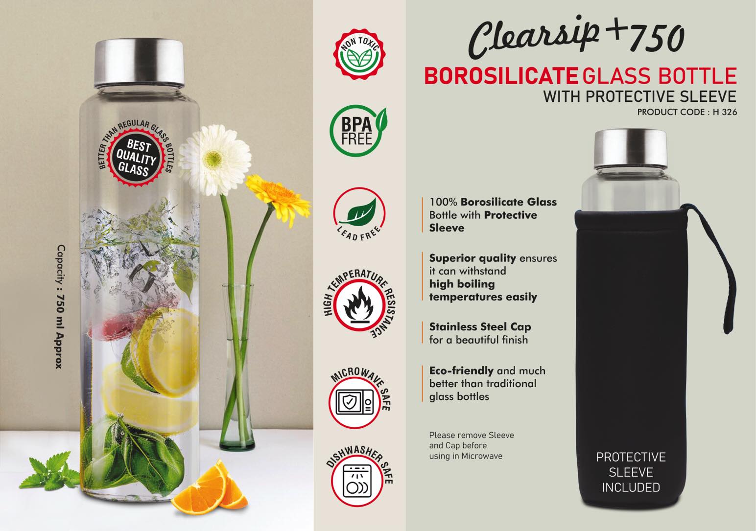ClearSip+ 750: Borosilicate Glass Bottle with Protective Sleeve | Steel cap | Capacity 750ml