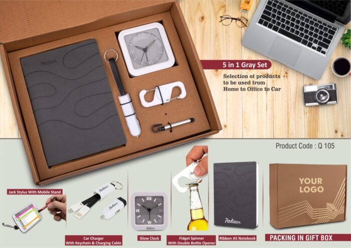 5 in 1 Gray set: Spinner with bottle opener, Keychain with Car charger and cable, Jack stylus with phone stand, Glow Clock and A5 PU notebook in Kraft Gift Box