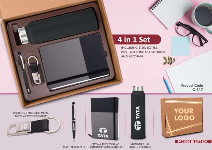 4 in 1 Dual Tone set: Rectangle metal keychain, SS colored bottle, Metal Pen and A5 PU notebook in Kraft Gift Box