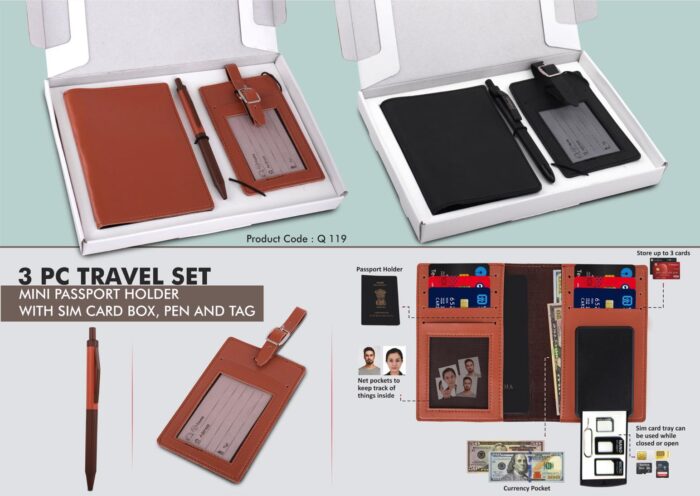 Mini Passport holder with Sim card box, Luggage tag & Metal Pen in Gift box