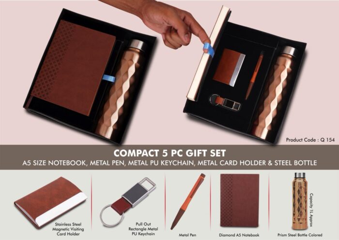 Compact 5 Pc Tan Gift Set: A5 Size Notebook, Metal Pen, Metal Pu Keychain, Metal Card Holder & Prism Steel Bottle