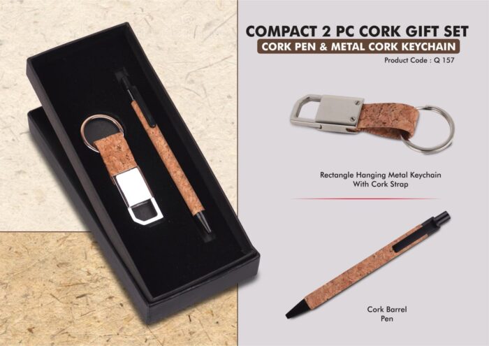 Compact 2 Pc Cork Gift Set: Cork Pen & Metal Cork Keychain