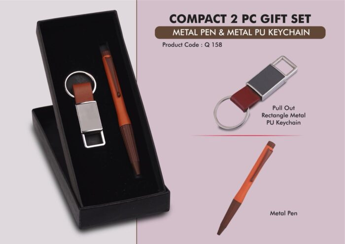 Compact 2 Pc Tan Gift Set: Metal Pen & Metal PU Keychain