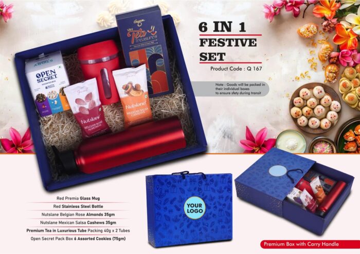 Festive Set of 6: Glass Mug with Silicon Cover, SS Bottle 1L, Assorted Cookies Pack, Mexican Salsa Cashews, Belgian Rose Almonds, Tea Gift Pack