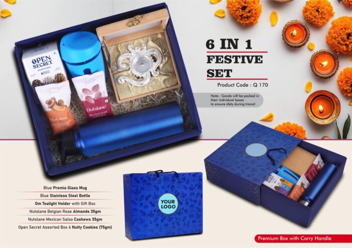 Festive Set of 6: Glass Mug with Silicon Cover, SS Bottle 1L, OM Metal Tealight holder, Assorted Cookies Pack, Mexican Salsa Cashews, Belgian Rose Almonds