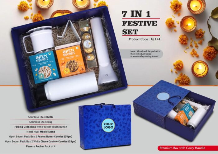 Festive Set of 7: SS Bottle 750Ml, Folding Desk Lamp, Metal Mobile Stand, SS Mug with Handle, Ferrero Rocher Pack of 4, 2 Choco Cashew Cookies, 2 Peanut Butter Cookies