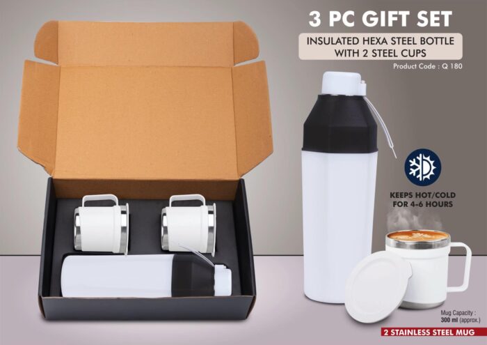 Insulated Square Steel bottle with 2 Steel cups | Keeps hot for 4-6 hours