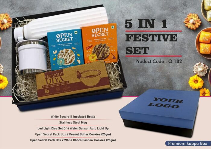 Festive Set of 5: Square Insulated Bottle, SS Mug with Handle, LED Light Diya Set of 6, 2 Choco Cashew Cookies, 2 Peanut Butter Cookies