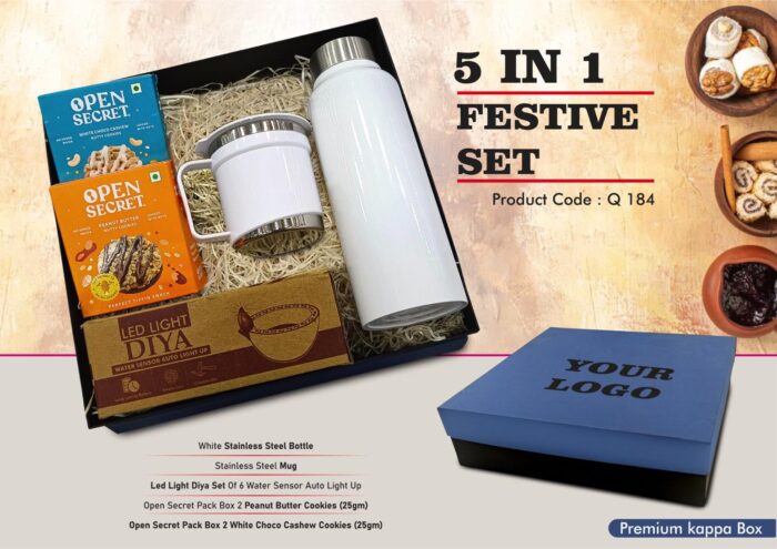 Festive Set of 5: SS Bottle 750Ml, SS Mug with Handle, LED Light Diya Set of 6, 2 Choco Cashew Cookies, 2 Peanut Butter Cookies