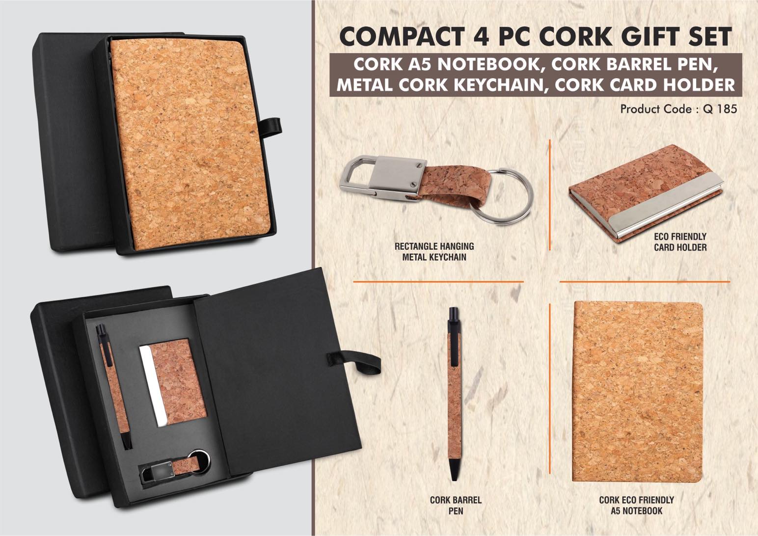 Cork 4 pc set: Cork notebook with card holder, hanging cork keychain and cork pen