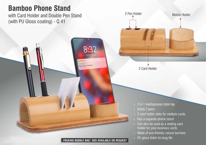 Bamboo phone stand with card holder and double pen stand (with PU Gloss coating)