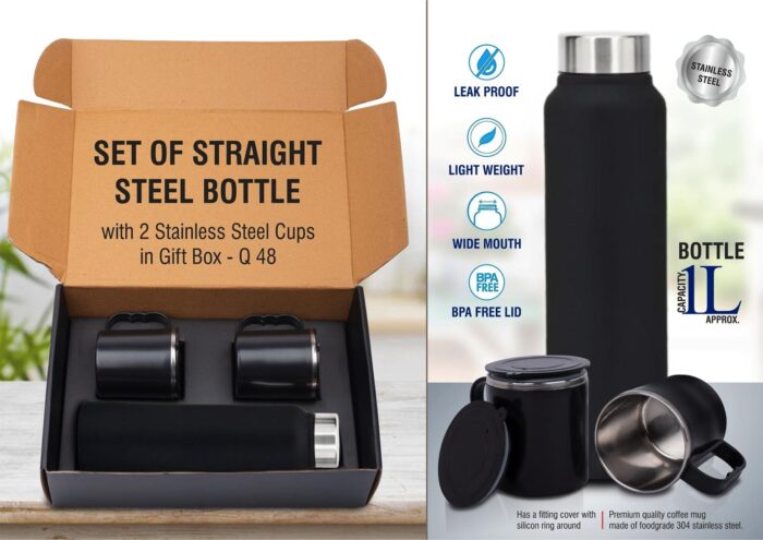 Set of Black Stainless Steel Bottle with 2 Stainless steel cups in Gift box | Bottle capacity 1L approx