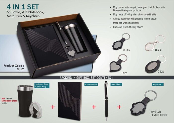 4 in 1 set: Tall sipper mug in 304 steel, Metal pen, A5 notebook and Keychain