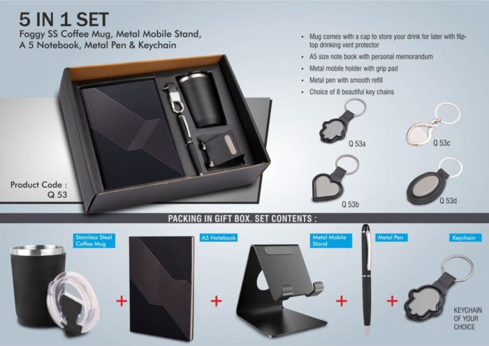 5 in 1 set: Foggy SS coffee mug, Metal pen, Metal mobile stand, A5 notebook and Keychain