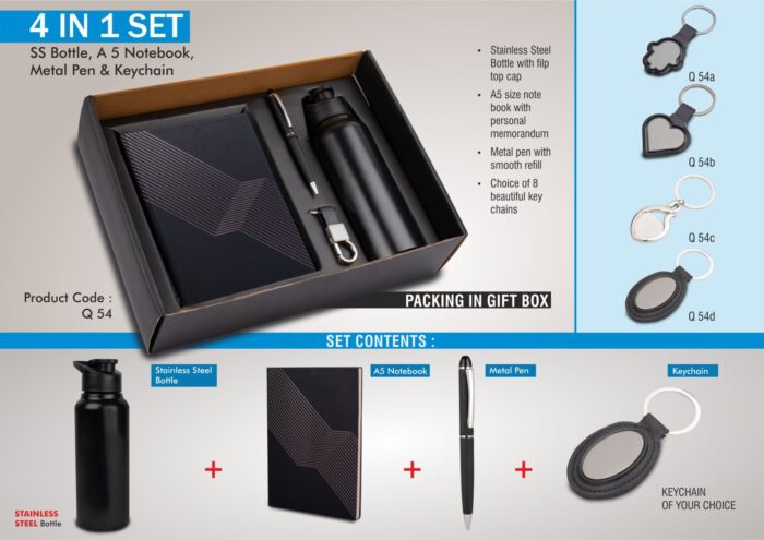4 in 1 set: Stainless Steel bottle, metal pen, Metal keychain, A5 notebook