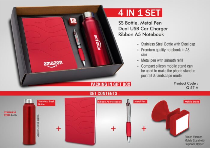 4 in 1 set: Steel bottle, Metal pen, Silicon mobile stand, Ribbon PU notebook